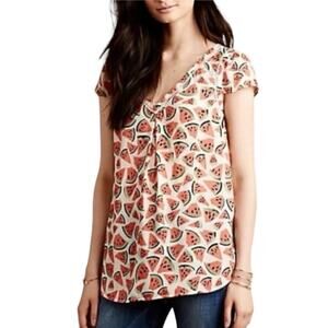 Anthropologie Maeve Picnic Days Watermelon Print Top Blouse Cap Sleeve Size 4